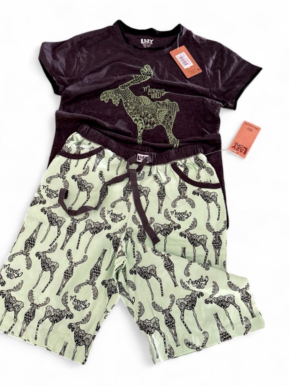 Lazy One Black Top & Light Green Moose Print Kids Pajama Set